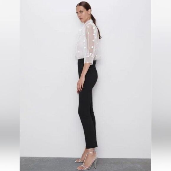 Zara White Embroidered Polka Dot Oversized Blouse With Bow Size M - Picture 3 of 11